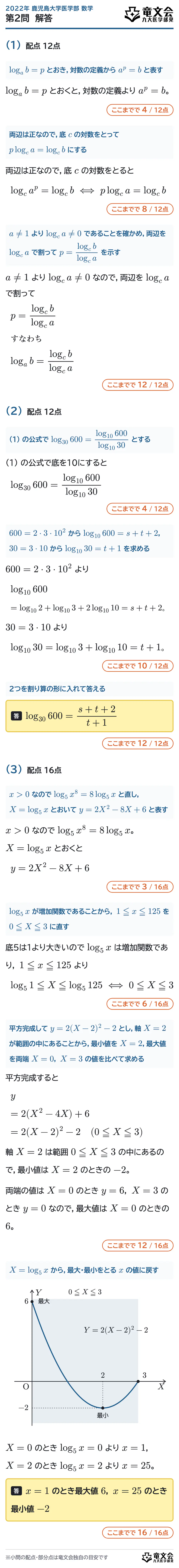 2022年鹿児島大学医学部数学 第2問 解答・解説